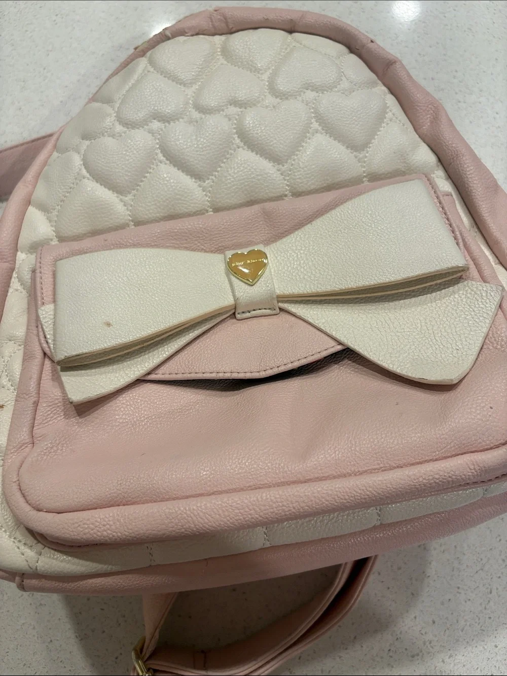 Pink Betsey Johnson Quilted Heart Backpack with Bow Accent